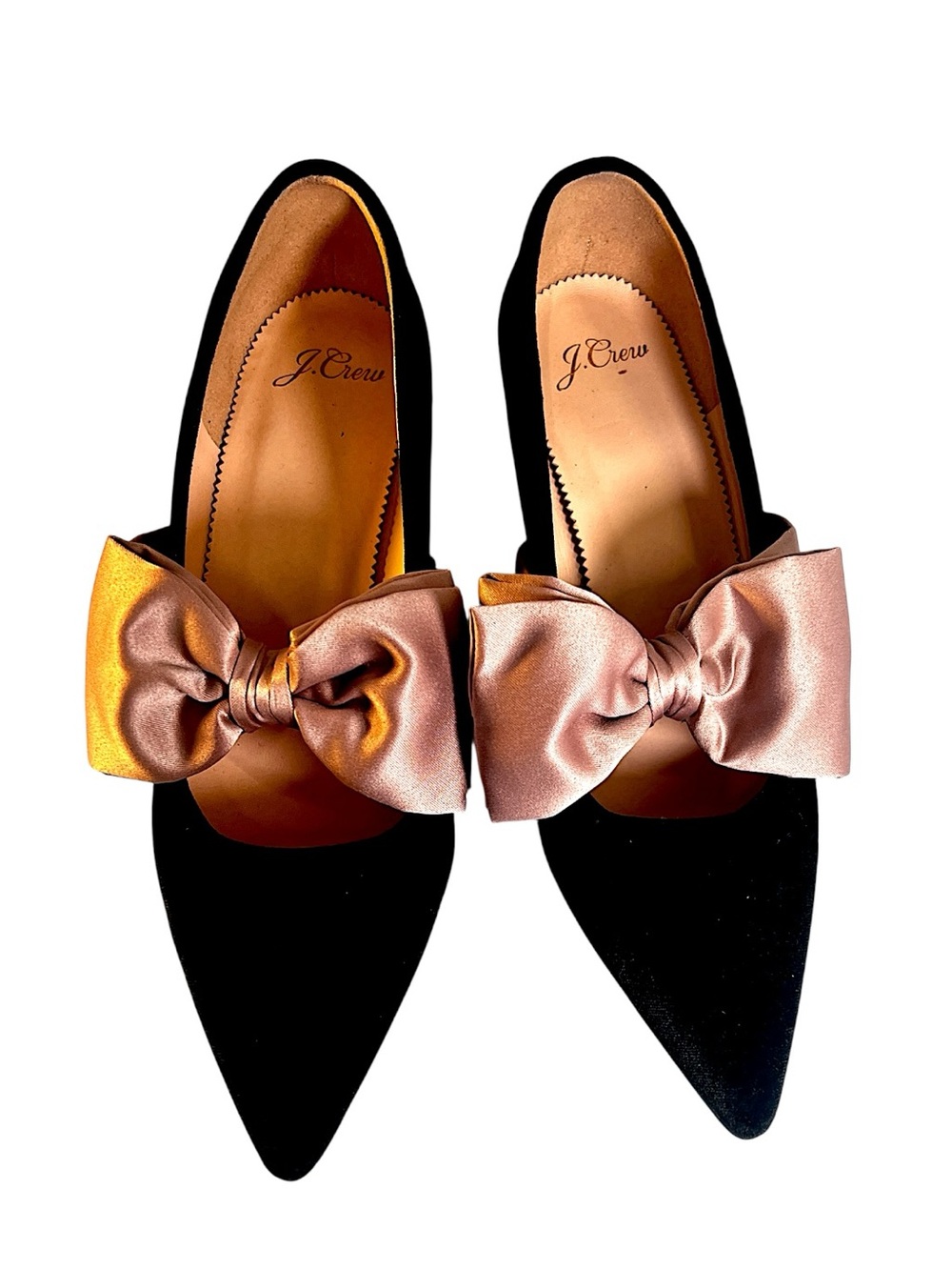 J. Crew Black Pointed-Toe Mules with Blush Satin Bow